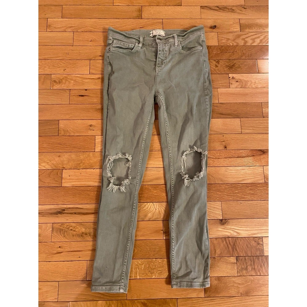 Free People Jeans Womens 28 Busted Knee Denim Distressed Skinny Light Moss Green